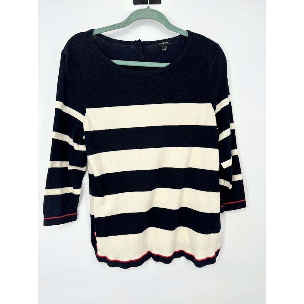 Talbots Striped Sweater‎ Sz Large Navy Ivory Lightweight Preppy Nautical Classic